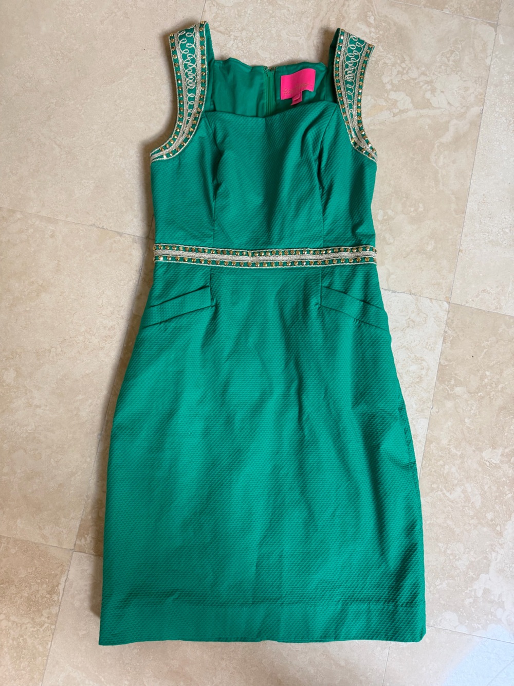 Lilly Pulitzer Emerald Green Sleeveless Embellished Pencil Dress- 0